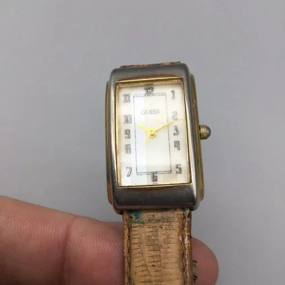 Vintage Guess Watch Women 20mm Gold Tone Tank 1993 Leather Band New Battery - Picture 7 of 13